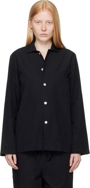 Tekla Black Poplin Long-Sleeved Pyjama Shirt