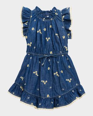Girl's Lucky Denim Daisy Embroidered Dress, Size 1-12
