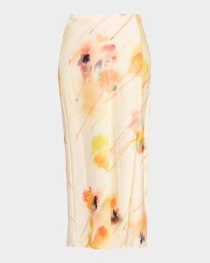 Washed Satin Floral-Print Midi Skirt