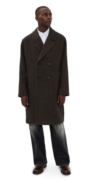Wax London Magnus Double Breasted Overcoat Wool Herringbone/Brown M