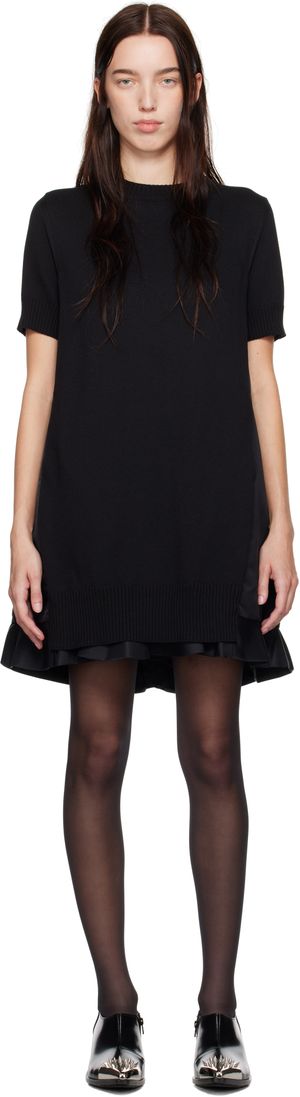 sacai Black Nylon Twill & Knit Minidress
