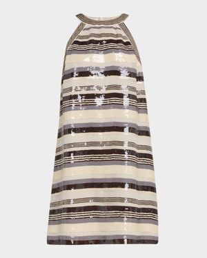 Multi Pailette Stripe Halter Mini Dress
