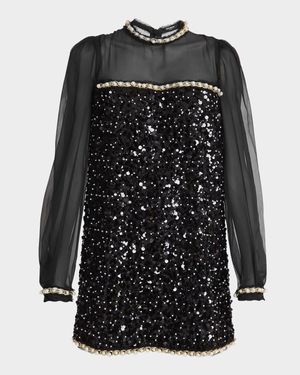 Pearly Chain Long-Sleeve Sequined Mini Dress