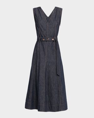 V-Neck Sleeveless Denim Belted Midi Dress
