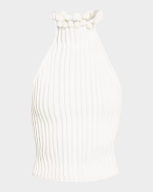 Ribbed Knit Curled Trim Halter Top