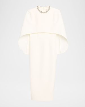 Crystal-Neck Capelet Midi Sheath Dress