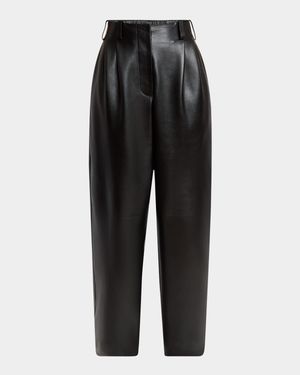 Double Pleated Leather Barrel-Leg Trousers