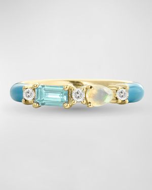 Blue Zircon and White Opal Ocean Blue Enamel Ring, Size 7