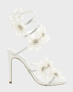 Floraine Crystal Flower Satin Snake Wrap Sandals