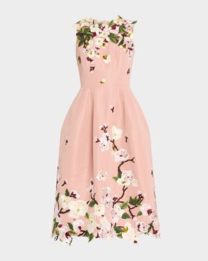 Cherry Blossom Embroidered Faille Sleeveless Cocktail Dress