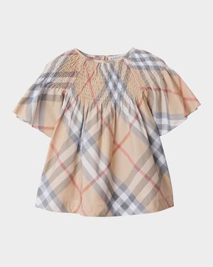 Girl's Cali Check Smocked Bishop Top, Size 2-14