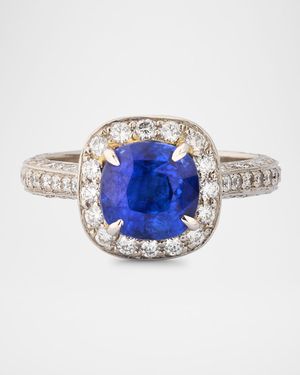 Platinum Cushion Sapphire and Diamond Statement Ring, Size 6
