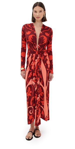 Johanna Ortiz Oasis Ankle Dress Dark Wine/Peach/Hot Red 8
