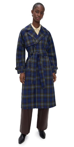 Avec Les Filles Double Breasted Trench with Quilted Bib Navy Plaid S