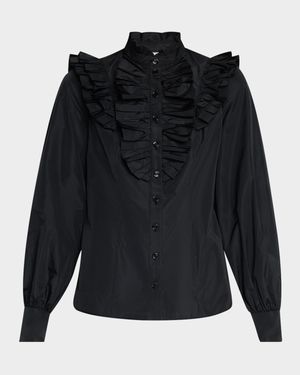 Ruffle Long-Sleeve Poly Taffeta Blouse