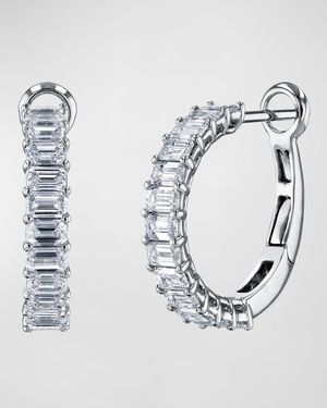 18K Gold Emerald-Cut Diamond Halfway Huggie Hoop Earrings, 7tcw/0.75"L