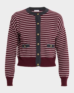 Striped Wool-Cashmere Crewneck Cardigan