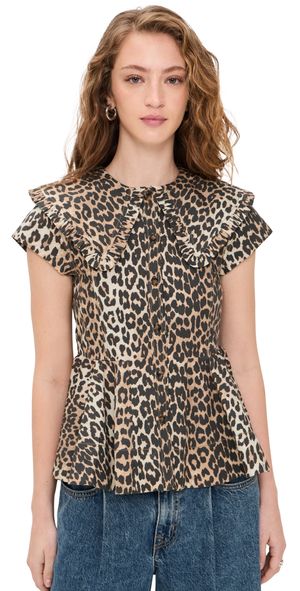 GANNI Printed Stretch Cotton Peter Pan Collar Shirt Almond Milk 42