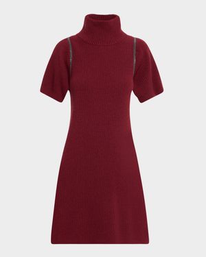Mock-Neck Monili Short-Sleeve Cashmere Rib Mini Dress