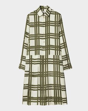 Check Silk Long-Sleeve Pleated Shirtdress