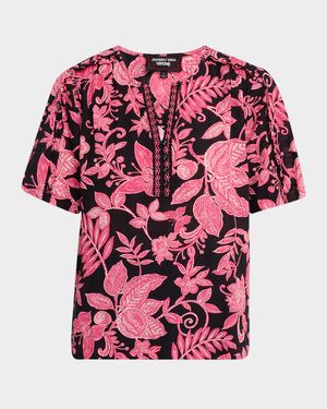 Floral-Print Ruffle Cotton Top