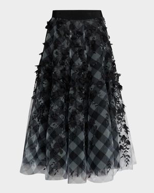 Check Tulle Petal Applique Midi Skirt