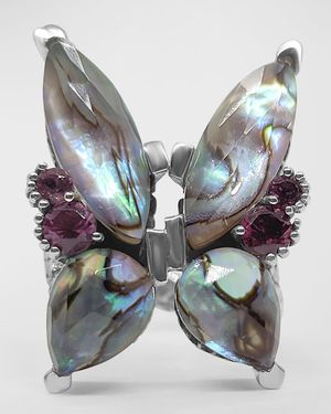 Faceted Abalone and Rhodolite Garnet Butterfly Ring in Sterling Silver