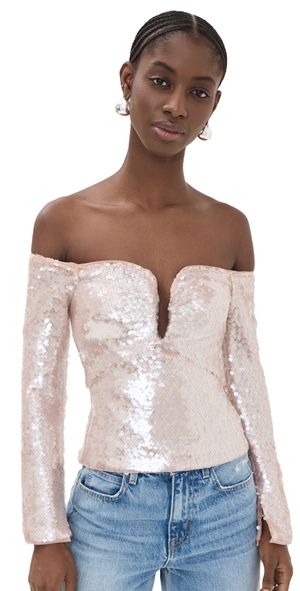 Self Portrait Sequin Off Shoulder Top Beige 8