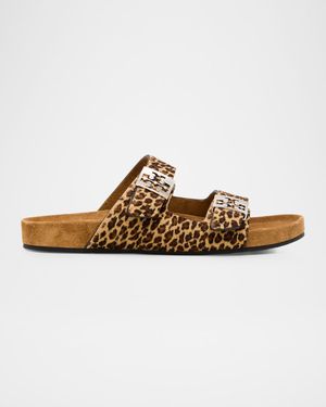 Mellow Leopard Calf Hair Dual-Buckle Slide Sandals