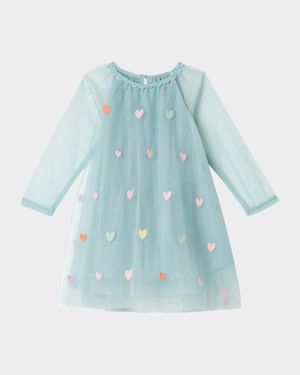 Girl's Embroidered Hearts Frill-Sleeve Tulle Dress, Size 6M-36M
