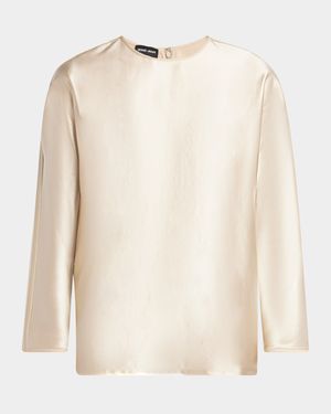 Tonal Piping Long-Sleeve Silk Blouse