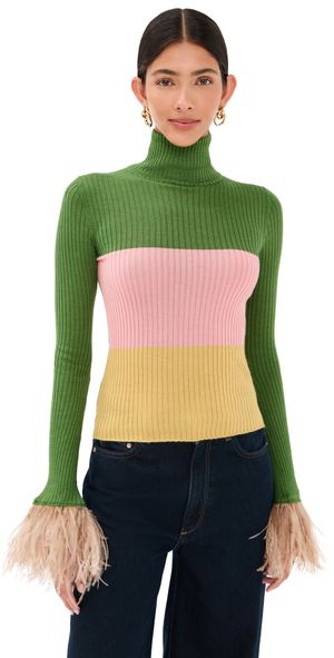 La DoubleJ High Kick Cashmere and Feather Top Military Green/Pink/Mustard S
