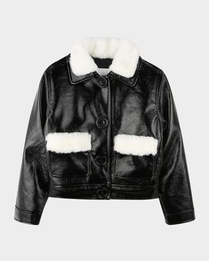 Girl's Faux Leather Bomber Jacket with Teddy Trim, Size 4-6
