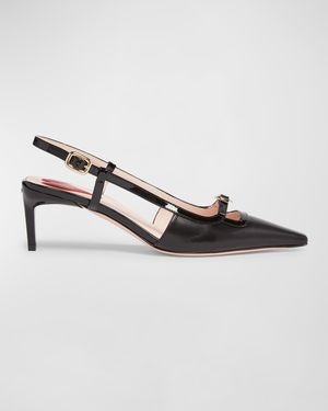 Mixed Leather Mini Buckle Slingback Pumps