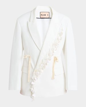 Sequin-Fringe Drawstring Double-Breasted Blazer Jacket