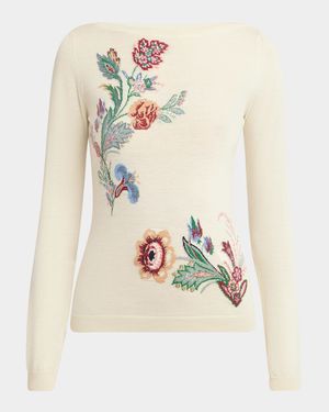 Boat-Neck Floral Linen Knit Sweater