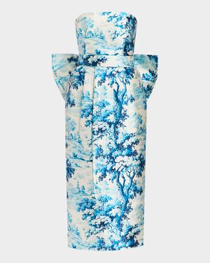 Lorena Strapless Toile-Print Bow Midi Dress