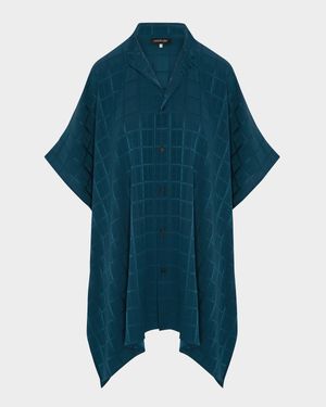 Satin Box Check Jacquard Collarless Longer-Back Kaftan Shirt (Long Plus Length)