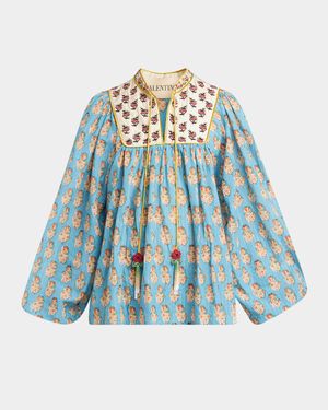 Beaded Pinstripe Floral-Print Blouse