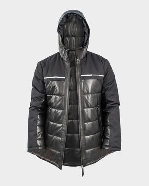 Men's Hybrid Leather Hooded Bomber Jacket