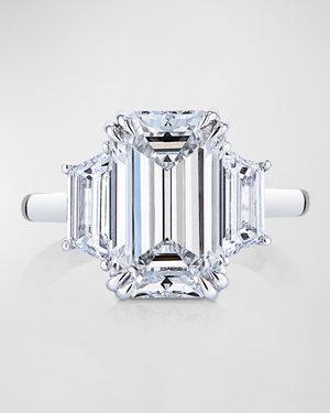 Platinum 3 Stone Ring with White Diamond Emerald Cut Center and White Diamond Trapezoid Cut Sides, Size 6.5, 11.98tcw