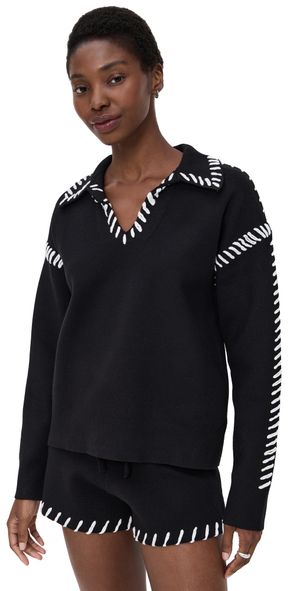 English Factory Stitch Detail Knit Collar Top Black/White L