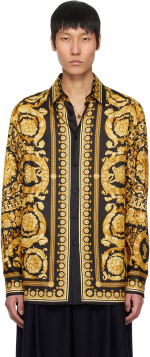 Versace Chemise noir et doré en soie à motif Barocco