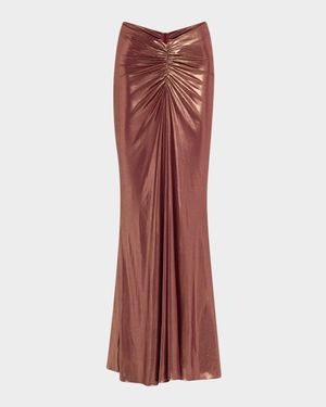 Ruched Metallic Coated Jersey Maxi Skirt