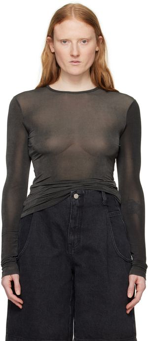 AMOMENTO Black Sheer Long Sleeve T-Shirt