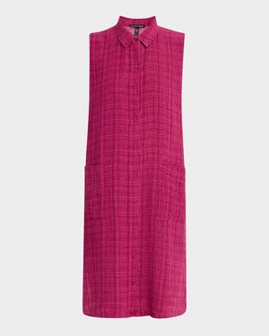 Crinkled Plaid Organic Linen Shift Shirtdress