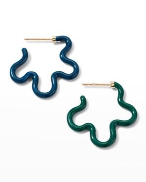 Two-Tone Asymmetrical Flower Small Hoop Earrings in Emerald and Teal Enamel