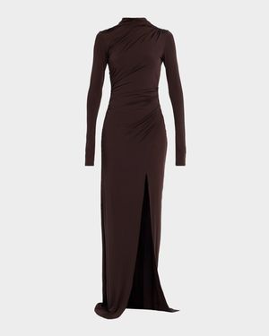 Ruched Mock-Neck Jersey Column Gown