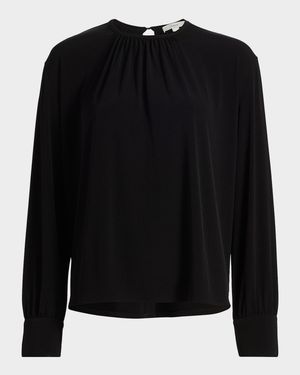 Gathered Long-Sleeve Crepe Blouse