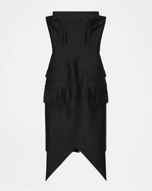 Angular Satin Strapless Midi Dress